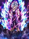  1boy aura clenched_hands dougi dragon_ball dragon_ball_super dragon_ball_super_super_hero electricity full_body glowing glowing_eyes gohan_beast grey_hair highres male_focus muscular muscular_male red_eyes rock serious solo son_gohan wai_(y48754085) wristband 