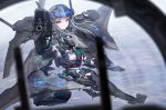  1girl aircraft airplane armor bodysuit boots commentary_request gloves grey_eyes gun headgear heads-up_display long_hair looking_at_viewer machinery mecha_musume military military_vehicle original personification pov silver_hair solo thigh-highs tom-neko_(zamudo_akiyuki) weapon wings 