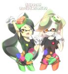  +_+ 2girls aori_(splatoon) arm_up black_hair brown_eyes casual commentary cropped_legs domino_mask earrings fangs food food_on_head gloves grey_hair hotaru_(splatoon) jewelry long_hair looking_at_viewer mask mole mole_under_eye multiple_girls nabebuta object_on_head one_eye_closed open_mouth paint_splatter pantyhose pointy_ears print_shirt shirt short_hair simple_background smile splatoon squid t-shirt tentacle_hair white_background white_gloves 