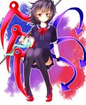  1girl asymmetrical_wings black_dress black_hair black_legwear bow dress full_body highres houjuu_nue invisible_chair polearm red_eyes red_shoes shio_(shiojojo1) shoes snake solo thigh-highs touhou weapon wings 