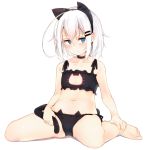  1girl animal_ears barefoot black_bra black_panties blue_eyes blush bra cat_ears cat_lingerie cat_tail choker collarbone fake_animal_ears flat_chest haegiwa hair_ornament hairclip looking_at_viewer navel original panties ringo-chan_(haegiwa) short_hair sitting solo tail underwear wariza white_hair 