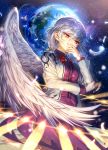  1girl commentary_request dress earth expressionless feathered_wings feathers hair_between_eyes jacket kikugetsu kishin_sagume long_sleeves moon open_clothes open_jacket planet purple_dress red_eyes short_hair silver_hair single_wing sky solo space standing star_(sky) starry_sky touhou white_wings wings 