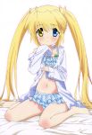  1girl absurdres arms_up artist_request bangs bikini blonde_hair blue_bikini blue_eyes blurry blush breasts frilled_bikini frills heterochromia highres long_hair nakatsu_shizuru official_art open_clothes rewrite sleeves_past_wrists solo source_request swimsuit twintails very_long_hair yellow_eyes 