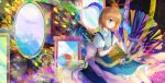  1girl alice_margatroid alice_margatroid_(pc-98) blonde_hair blue_eyes blue_skirt book bow colorful commentary_request flower frilled_skirt frills grimoire_of_alice hair_bow hair_over_one_eye kazu_(muchuukai) legs light_particles looking_down mirror open_book puffy_short_sleeves puffy_sleeves reading ribbon rose shirt short_hair short_sleeves skirt solo star suspenders tiles touhou touhou_(pc-98) white_shirt 