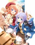  2girls :d alternate_hairstyle angora_rabbit anko_(gochiusa) blue_eyes blue_hair blush bracelet briefcase brown_hair brown_legwear brown_skirt buttons chess_piece coat coffee coffee_cup cover cover_page cup disposable_cup eyepatch gochuumon_wa_usagi_desu_ka? hair_ornament hands_together hat highres holding_hands hoto_cocoa jewelry kafuu_chino koi_(koisan) light_blush logo long_hair looking_at_viewer luggage manga_time_kirara multiple_girls official_art open_mouth pointing pointing_up queen_(chess) rabbit red_shirt shirt short_hair skirt smile stuffed_animal stuffed_toy thighs tippy_(gochiusa) top_hat umbrella violet_eyes white_legwear white_skirt wild_geese x_hair_ornament 