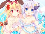  2girls :o animal_ears bangs beckoning bikini blonde_hair blue_bikini blurry blush bow breast_press breasts bunny_girl bunny_tail cleavage collarbone depth_of_field eyebrows eyebrows_visible_through_hair flower frilled_bikini frills from_above hair_between_eyes hair_flower hair_intakes hair_ornament hair_ribbon halter_top halterneck hibiscus long_hair looking_at_viewer low-tied_long_hair multiple_girls navel ocean open_mouth original outstretched_arm palms partially_submerged paw_pose pink_bikini pink_flower plumeria purple_hair rabbit_ears red_bow ribbon silver_hair sitting spread_fingers string_bikini summer swimsuit symmetrical_docking tail very_long_hair wariza water wrist_cuffs yellow_flower yumemiya_subaru 