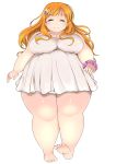  1girl :3 ^_^ absurdres barefoot blush breasts brown_hair chemise closed_eyes collarbone facing_viewer fat feet flower hair_flower hair_ornament highres huge_breasts kurokaze_no_sora long_hair nightgown obese orange_hair original soles solo thick_thighs thighs toes 