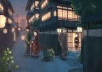  2boys 2girls architecture batako black_hair blonde_hair carrying dusk east_asian_architecture formal hands_in_pockets japanese_clothes kimono lantern multiple_boys multiple_girls outdoors plant short_hair smile tabi traditional_clothes tree 