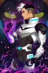  1boy artist_name bodysuit clenched_hands fire hyakujuu-ou_golion looking_at_viewer male_focus mechanical_arm parted_lips projected_inset realistic scar solo space star_(sky) takashi_shirogane voltron:_legendary_defender 