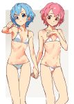  1boy 1girl bikini blue_eyes blue_hair breasts cleavage clenched_hand dorothy_west holding_hands leona_west looking_at_viewer mole mole_under_eye multiple_girls navel otoko_no_ko pink_eyes pink_hair pripara rr_(suisse200) short_hair swimsuit 