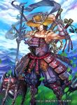 1boy armor armored_boots boots brown_eyes brown_hair cherokee_(1021tonii) clouds company_name hat japanese_armor leaf mountain original polearm sengoku_taisen sky sode solo straw_hat teeth trident watermark weapon 