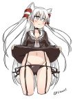  1girl amatsukaze_(kantai_collection) ass_visible_through_thighs bangs bikini blush breasts brown_eyes brown_panties choker closed_mouth collarbone cowboy_shot cropped_legs dress dress_lift ebifurya eyebrows eyebrows_visible_through_hair garter_straps groin hair_between_eyes hair_tubes highres kantai_collection lifebuoy lifted_by_self long_hair long_sleeves looking_away looking_to_the_side navel panties sailor_dress side-tie_bikini simple_background small_breasts solo stomach swimsuit twitter_username two_side_up underwear very_long_hair white_background white_hair 