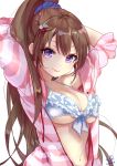  &gt;_&lt; 1girl 2016 :&gt; :3 arms_behind_head arms_up bikini blush breasts brown_hair cat_hair_ornament cleavage closed_eyes closed_mouth dated frilled_bikini frills hair_ornament hairclip jacket long_hair looking_at_viewer navel number open_clothes open_jacket original pisuke ponytail solo striped_jacket swimsuit very_long_hair violet_eyes white_background white_bikini_top 