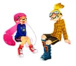  1boy 1girl :3 arm_support asuka_(ask71_ika) bangs beanie bike_shorts black_shorts blonde_hair blue_boots blue_shirt blunt_bangs boots collared_shirt domino_mask earrings goggles goggles_on_head green_eyes hair_slicked_back hat inkling jewelry long_hair long_sleeves looking_at_viewer mask open_mouth pink_hair plaid plaid_shirt red_shoes scrunchie shirt shoes short_hair shorts simple_background single_vertical_stripe sitting smile sneakers splatoon sweatshirt tentacle_hair topknot v_arms white_background yellow_eyes yellow_shirt 