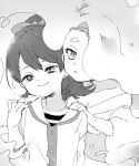  2girls enraenra_(youkai_watch) hair_over_one_eye halftone head_tilt high_ponytail kodama_fumika kouhara_yuyu long_hair looking_at_viewer monochrome multiple_girls smile youkai youkai_watch 