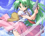  1girl bangs blue_sky clouds finger_on_trigger green_eyes green_hair gun higurashi_no_naku_koro_ni kurogarasu long_hair looking_at_viewer lowres necktie ponytail school_uniform skirt sky solo sonozaki_mion weapon 