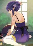  1girl artist_name blue_eyes butterfly_tattoo caster comb cushion dress fate/stay_night fate_(series) flower from_side hair_flower hair_ornament makeup nail_polish pantyhose parted_lips pointy_ears profile purple_dress purple_hair purple_nails scroll_lock_(scrool5) sitting sleeveless sleeveless_dress solo spaghetti_strap tattoo wariza white_legwear 