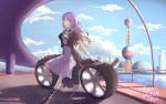  1girl ankle_lace-up artist_name bead_necklace black_legwear blue_sky breasts brown_hair building closed_mouth clouds cloudy_sky cross-laced_footwear dated dress gradient_hair ground_vehicle highres hijiri_byakuren jewelry kneehighs long_hair motor_vehicle motorcycle multicolored_hair necklace purple_hair road shanghai sitting sky smile solo touhou two-tone_hair vehicle water wavy_hair yellow_eyes yinse_qi_ji 