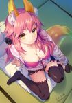  1girl animal_ears breasts caster_(fate/extra) casual cleavage fate/extra fate/extra_ccc fate_(series) fox_ears fox_tail long_hair looking_up pink_hair scrunchie smile solo tail tatami thigh-highs yellow_eyes youqiniang 