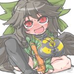  1girl alternate_costume bangs black_hair black_legwear black_wings blush bow breasts chibi covered_nipples eyebrows eyebrows_visible_through_hair feathered_wings full-face_blush green_panties hair_bow kureha_mitsushige large_breasts legs long_hair long_sleeves looking_to_the_side looking_up no_pants open_mouth panties radiation_symbol red_eyes red_pupils reiuji_utsuho shiny shiny_hair shirt simple_background single_thighhigh sitting smile solo sparkle sweat taut_clothes taut_shirt thick_eyebrows thigh-highs thighs touhou underwear very_long_hair white_background wings zipper 