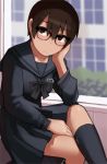  1girl brown_hair glasses indoors lvi name_tag original pleated_skirt school_uniform serafuku short_hair sitting skirt solo window 