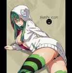  1girl ass blush breasts green_eyes green_hair green_legwear green_panties highres hood hoodie kamezaemon long_hair looking_back open_clothes open_hoodie panties pillarboxed solo striped striped_legwear underwear 