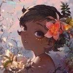  1girl brown_hair dark_skin disney flower hair_flower hair_ornament kawacy looking_at_viewer moana_(disney) moana_(film) parted_lips short_hair solo sparkle water younger 