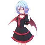  1girl alternate_costume arms_behind_back bat_wings black_dress breasts choker collarbone detached_collar dress fang_out hair_between_eyes junior27016 lavender_hair light_smile looking_at_viewer no_hat pointy_ears puffy_short_sleeves puffy_sleeves red_eyes remilia_scarlet short_hair short_sleeves small_breasts touhou vampire wings 
