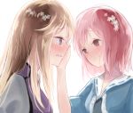  2girls ai635623656 backlighting bangs blonde_hair blush breasts crying crying_with_eyes_open dress flower hair_flower hair_ornament hand_on_another&#039;s_face happy happy_tears japanese_clothes kimono multiple_girls pink_eyes pink_hair ribbon-trimmed_collar ribbon_trim saigyouji_yuyuko short_hair short_sleeves simple_background smile tabard teardrop tears touhou violet_eyes wavy_mouth white_background white_dress yakumo_yukari 
