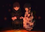  2girls alternate_costume black_hair brown_eyes brown_hair dark fan fireworks floral_print fuyube_gin_(huyube) japanese_clothes kantai_collection kimono kitakami_(kantai_collection) light_smile long_hair multiple_girls night obi ooi_(kantai_collection) open_mouth paper_fan sash smile sparkler squatting uchiwa yukata zouri 