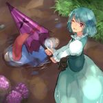  1girl ;p blue_hair blue_skirt blue_vest flower from_above geta grass highres hydrangea juliet_sleeves karakasa_obake long_sleeves nuqura one_eye_closed puddle puffy_sleeves red_eyes shirt short_hair skirt tatara_kogasa tongue tongue_out touhou umbrella white_shirt 