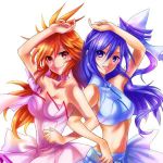  2girls amou_kanade arm_up armpits back-to-back bad_id bangs bare_shoulders belt belt_buckle blue_eyes blue_hair blush bow breasts buckle choker cleavage collarbone corrupted_image dress eyebrows eyebrows_visible_through_hair eyes_visible_through_hair hair_bow hair_over_eyes hand_on_head jewelry kazanari_tsubasa lips locked_arms long_hair looking_at_viewer midriff multiple_girls necklace parted_bangs parted_lips pendant pleated_dress pleated_skirt red_eyes redhead senki_zesshou_symphogear side_ponytail skirt sleeveless spiky_hair strapless strapless_dress tagme teeth turtleneck upper_body white_background white_bow 