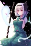  1girl absurdres bangs blush bow bowtie breasts dress_shirt eyebrows eyebrows_visible_through_hair ghost green_skirt green_vest hair_bow hairband hands_on_breasts hands_on_own_chest highres hitodama katana kneeling konpaku_youmu konpaku_youmu_(ghost) looking_at_viewer medium_breasts petals puffy_short_sleeves puffy_sleeves red_eyes ribbon scabbard sheath sheathed shirt short_hair short_sleeves silver_hair skirt solo sword touhou vest weapon white_shirt 