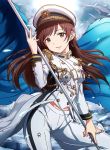  1girl aiguillette ayano_yuu_(sonma_1426) brown_eyes brown_hair epaulettes flag hat highres idolmaster idolmaster_cinderella_girls idolmaster_cinderella_girls_starlight_stage long_hair looking_at_viewer military military_hat military_uniform naval_uniform nitta_minami peaked_cap seizon_honnou_valkyria solo torn_clothes uniform 