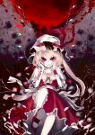  1girl ascot blonde_hair blood bloody_tears crystal dress fangs flandre_scarlet grin hands_on_own_face hat hat_ribbon highres looking_at_viewer mob_cap moon puffy_sleeves red_eyes red_moon ribbon sash short_sleeves side_ponytail smile socks solo touhou uni_(bom19850101) white_legwear wings wrist_cuffs 