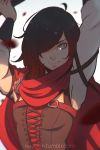  belt bodice cape grey_eyes hair_over_one_eye koyorin lips looking_at_viewer multicolored_hair petals ruby_rose rwby simple_background smile two-tone_hair white_background wind 