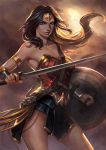  1girl armlet armpits bare_shoulders black_hair blue_eyes bracer dc_comics lasso looking_at_viewer parted_lips shield skirt solo strap sword tiara weapon wonder_woman wonder_woman_(series) x.four 