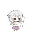  1girl :x bags_under_eyes black_eyes blush_stickers boots chibi dress grey_hair half_updo jitome kishin_sagume short_hair single_thighhigh single_wing thigh-highs touhou translated wings zannen_na_hito 