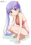  1girl absurdres bikini breasts cleavage feet highres legs long_hair looking_at_viewer megami new_game! official_art purple_hair side-tie_bikini smile solo squatting strap_gap suzukaze_aoba swimsuit twintails very_long_hair violet_eyes white_background 