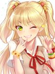  1girl ;d bangs blonde_hair blunt_bangs blush bracelet close-up collared_shirt eyelashes face fingernails green_eyes grin hair_bobbles hair_ornament hand_gesture idolmaster idolmaster_cinderella_girls jewelry jougasaki_rika long_hair one_eye_closed open_mouth parted_lips pink_lips red_ribbon ribbon shirt short_sleeves simple_background smile solo star sweater_vest teeth twintails two_side_up upper_body v very_long_hair white_background white_shirt wing_collar yapo_(croquis_side) 