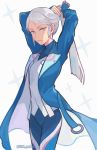  1girl adjusting_hair androgynous arms_up blanche_(pokemon) blue_eyes coat long_hair looking_at_viewer pokemon pokemon_go ponytail red_(little_reddo) solo tan_skin turtleneck twitter_username tying_hair white_hair 