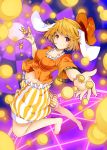  1girl animal_ears barefoot bent_knees blonde_hair blurry breasts commentary_request dango danmaku depth_of_field flat_cap food food_in_mouth foreshortening full_body groin hat hat_removed headwear_removed highres ishimu looking_at_viewer medium_breasts navel orange_shirt rabbit_ears red_eyes ringo_(touhou) shirt short_hair short_sleeves shorts smile solo striped touhou vertical-striped_shorts vertical_stripes wagashi 