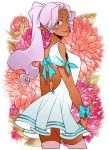  1girl blue_eyes bow dark_skin dress earrings endy flower hyakujuu-ou_golion jewelry long_hair looking_at_viewer looking_back open-back_dress pointy_ears ponytail princess_allura purple_hair ribbon short_dress smile solo thigh-highs voltron:_legendary_defender 