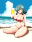  &gt;:) 1girl alcohol alternate_costume amazon_(taitaitaira) bare_legs bare_shoulders barefoot beach beer bikini blush breasts cleavage collarbone green_hair groin halter_top halterneck highres holding_glass kazami_yuuka large_breasts looking_at_viewer navel red_bikini red_eyes short_hair side-tie_bikini sitting smile solo swimsuit touhou yokozuwari 