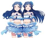  2girls black_hair blue_eyes blush brown_eyes choker hair_ornament idolmaster idolmaster_million_live! kitazawa_shiho long_hair microphone midriff mogami_shizuka multiple_girls navel simple_background yomosaka 