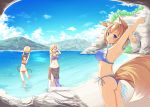  3girls alternate_costume alternate_hairstyle animal_ears arm_behind_back ass ball beach beachball bikini blonde_hair blue_bikini blue_eyes blue_sky bow breasts brown_hair bush cat_ears cat_tail cave chen cleavage cliff clouds commentary_request day fox_ears fox_tail frilled_bikini frills ging1993 hair_bow hair_over_shoulder hand_in_hair large_breasts medium_breasts mountain multiple_girls multiple_tails navel ocean purple_bikini red_bikini sand sarong short_hair sky small_breasts smile stomach stretch string_bikini swimsuit tail touhou two_tails wading yakumo_ran yakumo_yukari 