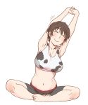  1girl armpits arms_up bare_legs barefoot bike_shorts blush breasts brown_hair butterfly_sitting closed_eyes cow_print ebinera highres idolmaster idolmaster_cinderella_girls large_breasts navel oikawa_shizuku short_hair simple_background sitting smile solo stretch 