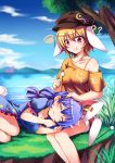  2girls :3 ?? absurdres animal_ears bangs blonde_hair blue_dress blue_hair blue_sky blurry_background bra bra_strap breasts brown_hat bunny_tail closed_eyes clouds collarbone dango day dress ear_clip ears_down eating food frilled_dress frills grass hair_between_eyes hair_tie hat highres koissa lap_pillow legs looking_at_another looking_down lying lying_on_lap medium_breasts mimikaki misty_lake moon_print mountain multiple_girls on_side orange_bra orange_shirt rabbit_ears red_eyes reflection ringo_(touhou) scarlet_devil_mansion seiran_(touhou) shirt shirt_slip short_dress short_hair shorts sitting sky split_ponytail star_print tail thighs touhou tree underwear wagashi water yellow_shorts |3 