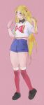  1girl adapted_costume alternate_hairstyle bangs bishoujo_senshi_sailor_moon black_shoes blue_eyes blue_shorts bow braid candy casual crescent crescent_earrings detached_collar earrings eeriah facial_mark forehead_mark full_body highres jewelry kneehighs lollipop long_hair parted_bangs parted_lips pink_background platform_footwear platform_heels print_shirt red_bow red_legwear shirt shoes short_shorts shorts simple_background solo star star_earrings t-shirt tsukino_usagi twintails very_long_hair 