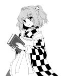  1girl :d apron bell blush book character_name checkered_kimono gomi_(gomitin) hair_bell hair_intakes hair_ornament halftone_texture japanese_clothes kimono long_sleeves looking_at_viewer monochrome motoori_kosuzu open_mouth short_hair smile solo touhou two_side_up 
